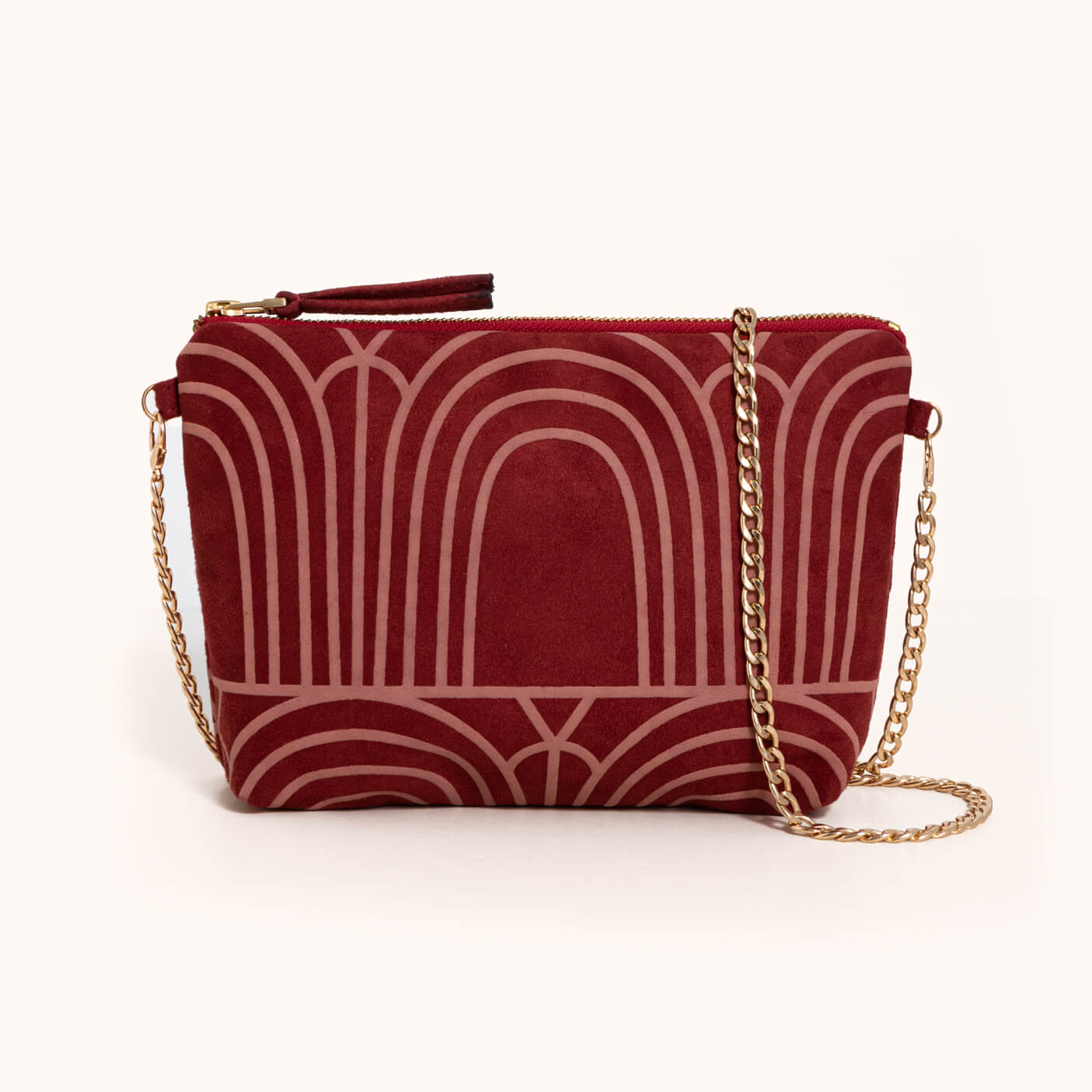 Dulce Clutch and Chain, Burgundy Embossed Arches