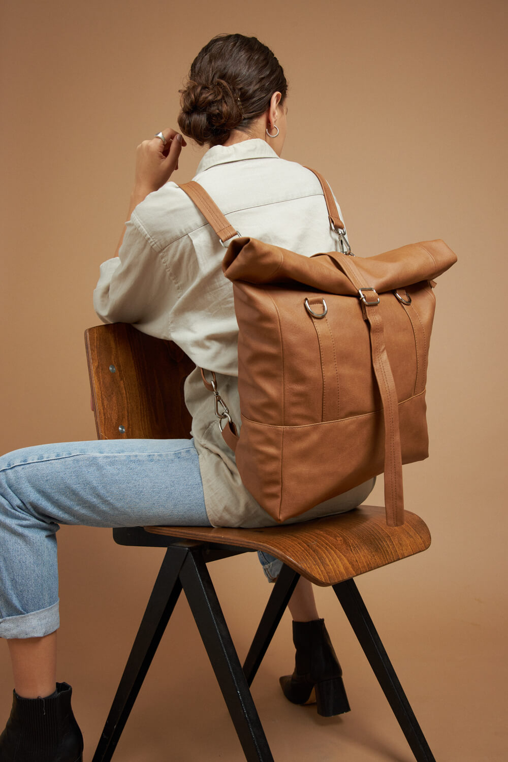 Convertible backpack for women | Wanderlust Rolltop, Camel | Lee Coren